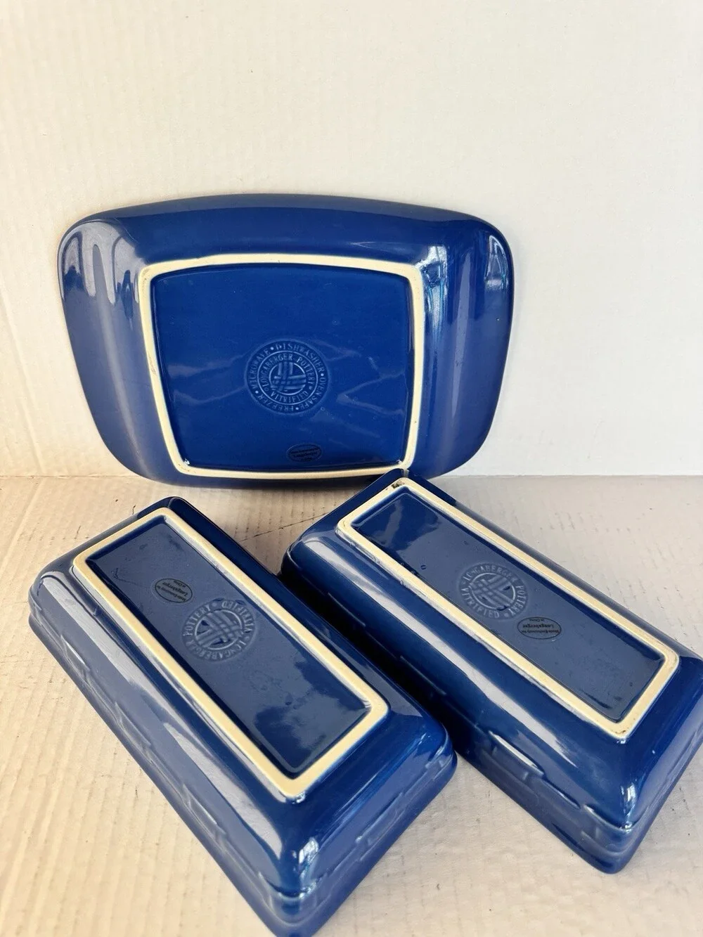 Longaberger Woven Traditions Cornflower Blue Pottery Serving Trays Set of 3